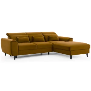 Ecksofa FOBLE mit Schlaffunktion Bettkasten und Kissen Senf (Loco 45)