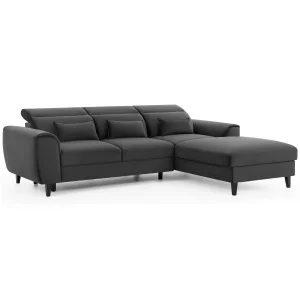 Ecksofa FOBLE mit Bettkasten Schlaffunktion und Zierkissen Dunkelgrau (Nube 05)