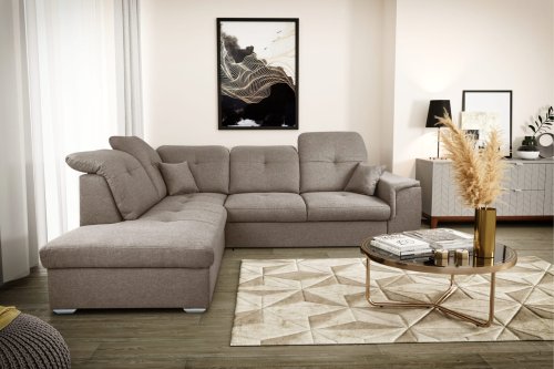 Ecksofa DAVIO L mit Schlaffunktion und Bettkasten und verstellbare Kopfstützen, Beige