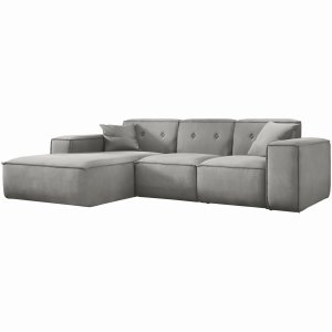 Ecksofa LUGA L 266 cm mit Knöpfen Links/Rechts Samt Stoff Hellgrau (Velvet Opera)