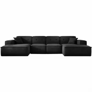 Ecksofa LUGA U L 379 cm mit Knöpfen Samt Stoff Schwarz (Velvet Opera)