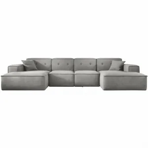 Ecksofa LUGA U L 379 cm mit Knöpfen Samt Stoff Hellgrau (Velvet Opera)