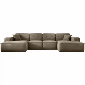Ecksofa LUGA U L 379 cm mit Knöpfen Samt Stoff Beige (Velvet Opera)