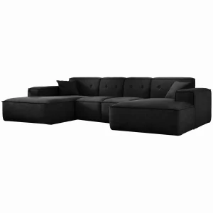 Ecksofa LUGA U M mit Knöpfen 342 cm Samt Stoff Schwarz (Velvet Opera)