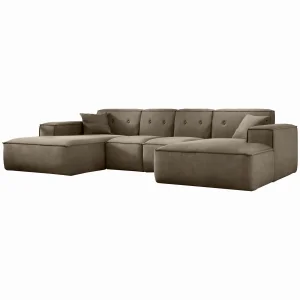 Ecksofa LUGA U M mit Knöpfen 342 cm Samt Stoff Beige (Velvet Opera)