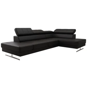 Ecksofa EMPORIO MINI aus Leder 300x180 cm – Ledersofa mit verstellbaren Kopfstützen, modernes Design, verschiedene Fußvarianten, Schwarz (K-70)