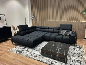 Ecksofa PLAZA L mit elektrischer Sitzverstellung und verstellbaren Kopfstützen – modern & komfortabel, Samt Solar 99 Schwarz