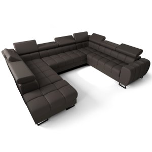 Ecksofa ASPEN MAX I – U-förmiges Ledersofa 265x350x225 cm mit Schlaffunktion und zwei Bettkästen, Braun (B-29)