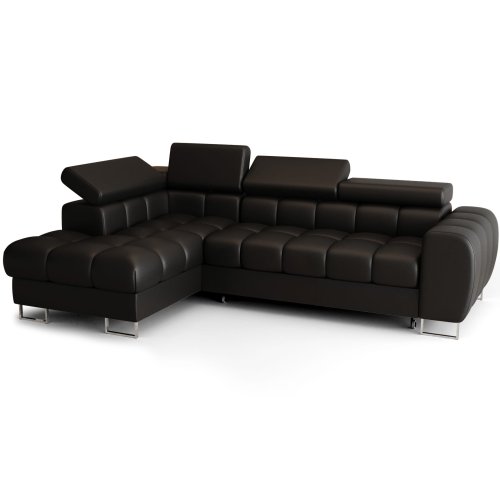 ASPEN MINI Ecksofa Leder mit Schlaffunktion, Bettkasten & verstellbaren Kopfstützen 260×170 cm – Schwarz