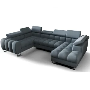 ASPEN MAX II Ecksofa U-Form mit Schlaffunktion & Bettkasten, 195x350x170 cm, Blau (Primo 73)