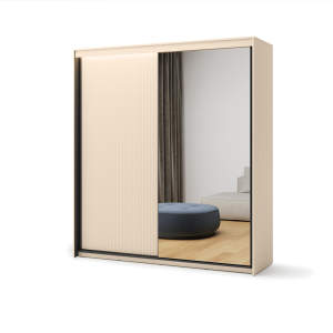 Großer Kleiderschrank TS-01 mit Spiegel und LED-Beleuchtung – zweitürig, geriffelte Fronten, beige/schwarz – 200x222x63 cm