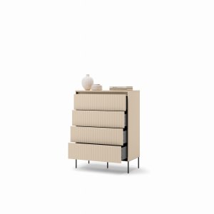 Kommode TREND TS-04 mit LED-Beleuchtung – Riffel-Fronten, Sandbeige/Schwarz, modernes Design, 4 Schubladen, 125 cm Breite