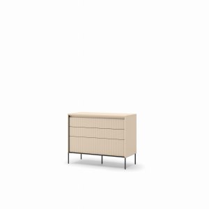 Schlafzimmer-Kommode mit 3 Schubladen und LED-Beleuchtung – geriffelte Fronten, Sandbeige/Schwarz – TREND TS-05, 104x83x47 cm
