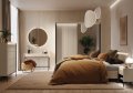 Nachttisch TS-10 in modernem Schlafzimmer, Sandbeige mit schwarzem Akzent