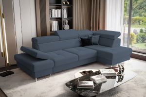 Ecksofa Galaxy Mini 170×280 mit Schlaffunktion & Bettkasten, verstellbare Kopfstützen & Armlehne, Stoff Gemma, Dunkelblau (Gemma 77)