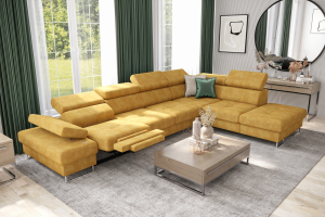 Ecksofa GALAXY RELAX mit Schlaffunktion, Bettkasten, 225×350 cm, Stoff Terra Relaxfunktion, verstellbaren Kopfstützen & Armlehne, Gelb (Terra 48)