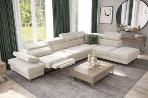 Ecksofa GALAXY RELAX mit Schlaffunktion, Bettkasten, 225×350 cm, Stoff Terra Relaxfunktion, verstellbaren Kopfstützen & Armlehne, Creme Beige (Terra 06)
