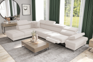 Ecksofa GALAXY RELAX mit Schlaffunktion, Bettkasten, 225×350 cm, Stoff Gemma Relaxfunktion, verstellbaren Kopfstützen & Armlehne, Creme, Beige (Gemma 01)