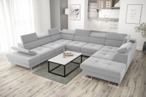Ecksofa GALAXY MAX I mit Schlaffunktion, 280x350x225, Stoff Terra Bettkasten, verstellbaren Kopfstützen & Armlehne, Grau (Terra 92)