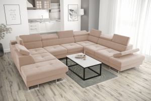 Ecksofa GALAXY MAX I Ecksofa mit Schlaffunktion, 280x350x225 cm, Stoff Gemma Bettkasten, verstellbaren Kopfstützen & Armlehne, Beige (Gemma 13)