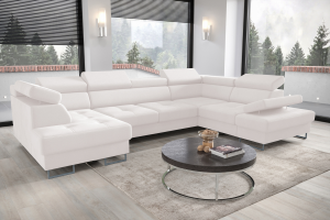 Ecksofa Galaxy Max II U-Form mit Schlaffunktion & Bettkästen – Stoff Terra verstellbaren Kopfstützen & Armlehne, Creme  (Terra 06)