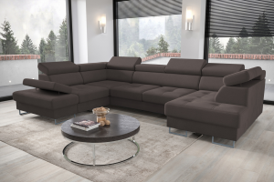 Ecksofa Galaxy Max II U-Form mit Schlaffunktion & Bettkästen – Stoff Terra verstellbaren Kopfstützen & Armlehne, Braun (Terra 26)