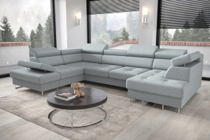 Ecksofa Galaxy Max II U-Form mit Schlaffunktion & Bettkästen – Stoff Gemma verstellbaren Kopfstützen & Armlehne, Hellblau (Gemma 70)