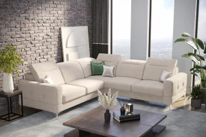 Ecksofa Malibu Max 250x250 cm mit Schlaffunktion, Stoff Gemma, Verstellbare Kopfstützen & Armlehne, Creme (Gemma 04)