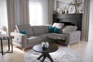 Ecksofa Malibu Relax mit Schlaffunktion, 185×250 cm, Stoff Gemma, höhenverstellbare Kopfstützen, moderne Metallfüße, Hellbraun (Gemma 85)