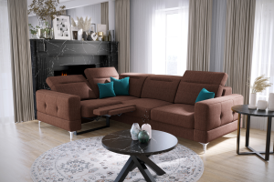 Ecksofa Malibu Relax mit Schlaffunktion, 185×250 cm, Stoff Gemma, höhenverstellbare Kopfstützen, moderne Metallfüße, Terrakotta (Gemma 63)