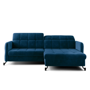 Ecksofa LORA mit Schlaffunktion und Bettkasten – 225x160 cm modernes Sofa mit Delfin-Automat, Ziernähten und HR-Schaum, Blau