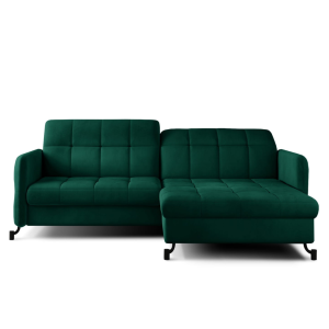 Ecksofa LORA mit Schlaffunktion und Bettkasten – 225x160 cm modernes Sofa mit Delfin-Automat, Ziernähten und HR-Schaum, Flaschengrün