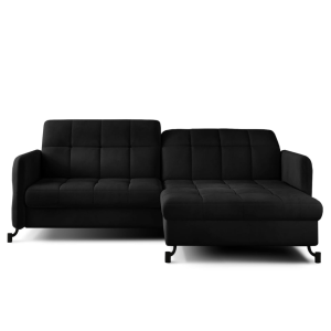 Ecksofa LORA mit Schlaffunktion und Bettkasten – 225x160 cm modernes Sofa mit Delfin-Automat, Ziernähten und HR-Schaum, Schwarz