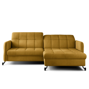 Ecksofa LORA mit Schlaffunktion und Bettkasten – 225x160 cm modernes Sofa mit Delfin-Automat, Ziernähten und HR-Schaum, Senf