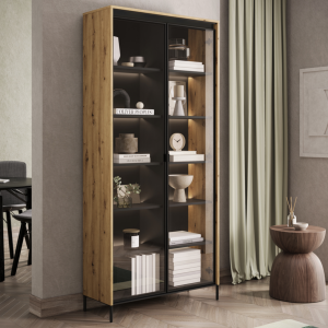 Vitrine TREND Glas zweitürige TR-07 mit Regalen und LED Beleuchtung Eiche Artisan
