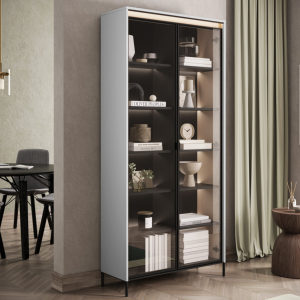 Vitrine TREND Glas zweitürige TR-07 mit Regalen und LED Beleuchtung Grau