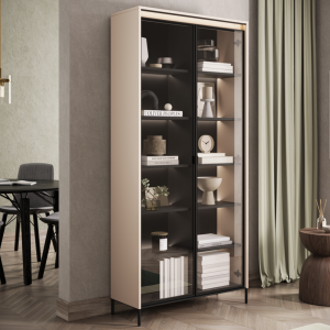 Vitrine TREND Glas zweitürige TR-07 mit Regalen und LED Beleuchtung Sandbeige