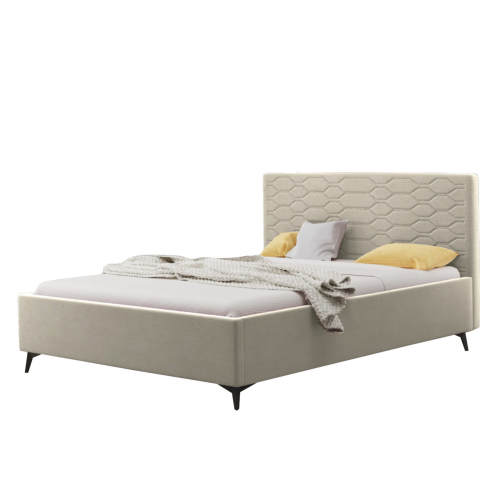 Bett MILY mit Bettkasten Polsterbett Kopfteil mit Nähten Metallfüße, Creme