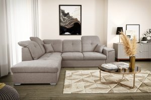Ecksofa DAVIO L mit Schlaffunktion und Bettkasten und verstellbare Kopfstützen, Creme