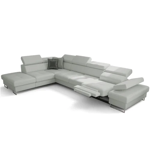Ecksofa GALAXY RELAX Ledersofa 225×350 cm Schlaffunktion Bettkasten Relaxfunktion, Hellgrau U-24