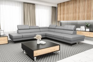 Ecksofa EMPORIO MAX 300×300 cm aus Leder – mit verstellbaren Kopfstützen & hohen Designfüßen, Hellgrau (U-24)