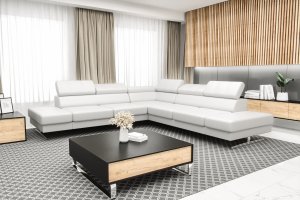 Ecksofa EMPORIO MAX 300×300 cm aus Leder – mit verstellbaren Kopfstützen & hohen Designfüßen, Weiß (L-1)