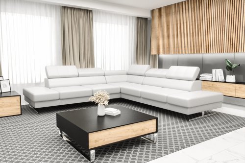 Ecksofa EMPORIO MAX 300×300 cm aus Leder – mit verstellbaren Kopfstützen & hohen Designfüßen, Weiß (D-1)