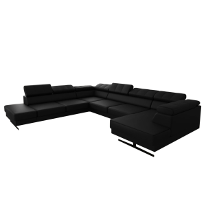 Ecksofa EMPORIO MAX II – Ledersofa 300×350×180 cm mit verstellbaren Kopfstützen, Schwarz (K-70)
