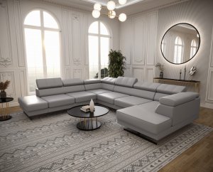 Ecksofa EMPORIO MAX II – Ledersofa 300×350×180 cm mit verstellbaren Kopfstützen, Hellgrau (U-24)