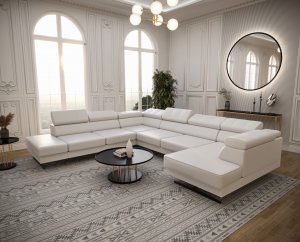 Ecksofa EMPORIO MAX II – Ledersofa 300×350×180 cm mit verstellbaren Kopfstützen, Weiß (L-1)