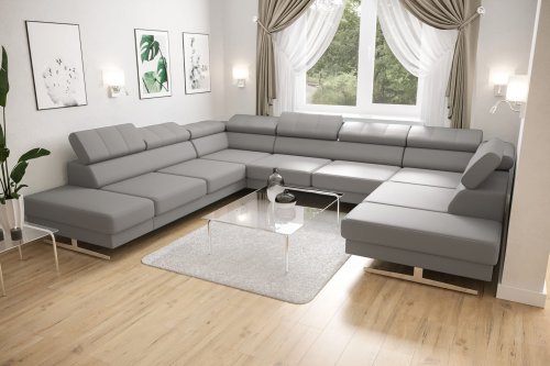 Ecksofa EMPORIO MAX I Ledersofa 300X350X220 cm verstellbare Kopfstützen, Grau (U-24)