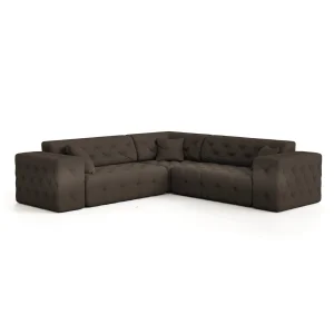 MODEST Ecksofa aus Samt – Chesterfield-Steppung, breite Armlehnen & Zierkissen - Ebony, Braun
