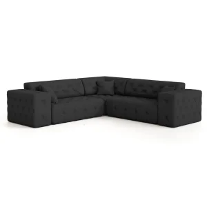 MODEST Ecksofa aus Samt – Chesterfield-Steppung, breite Armlehnen & Zierkissen - Schwarz