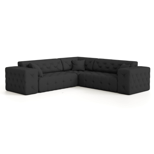 MODEST Ecksofa aus Samt – Chesterfield-Steppung, breite Armlehnen & Zierkissen - Schwarz